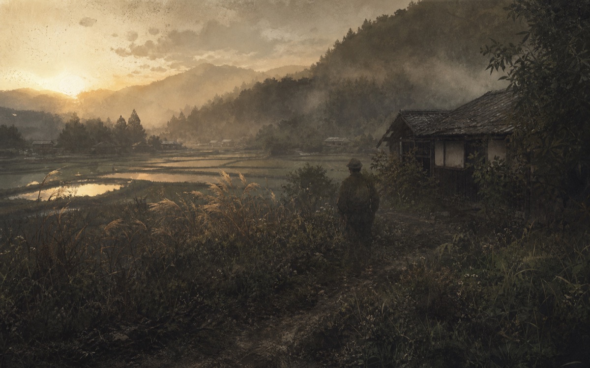 溶け込むことを象徴する、朝の農地と山里の風景